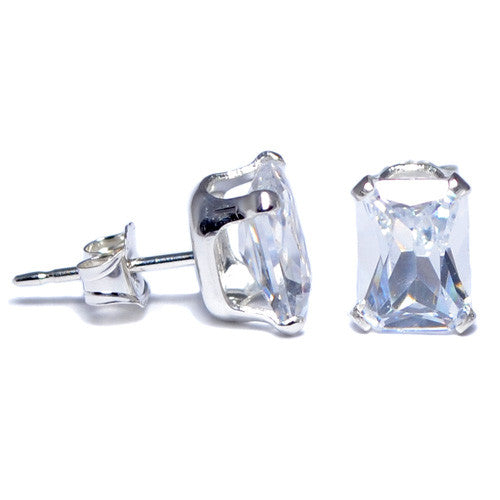 A set of star CZ stud earrings made of sterling silver. These stud earrings contain a clear emerald CZ stone and a butterfly backing. Get yours today!