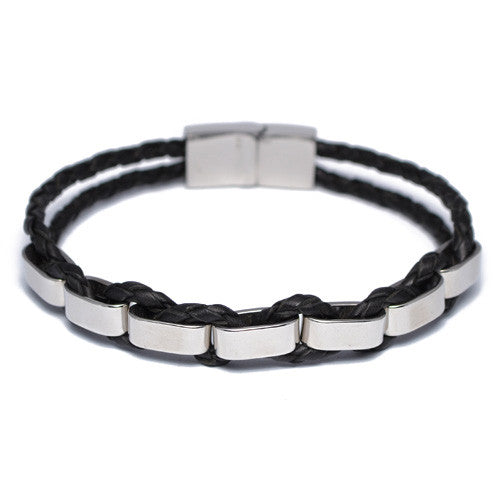 Braided Black Leather Stainless Steel Bracelet
