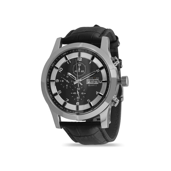 Men's Black Leather Chrono Watch