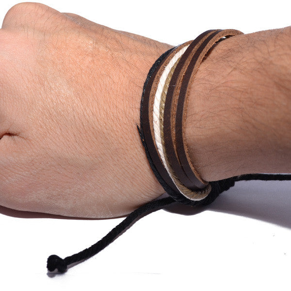 Men's Brown Leather and Rope Strand Bracelet