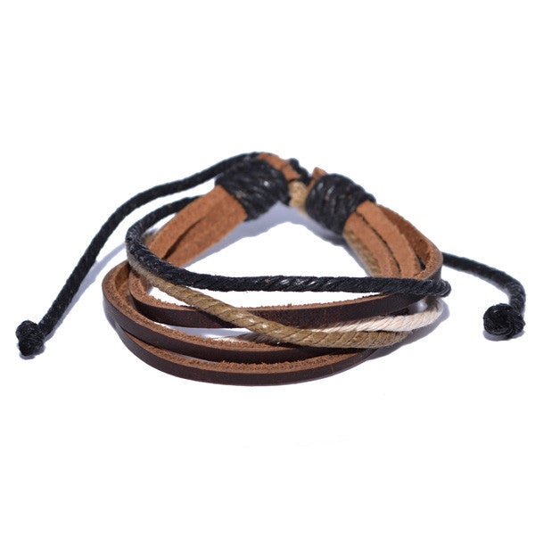 Men's Brown Leather and Rope Strand Bracelet