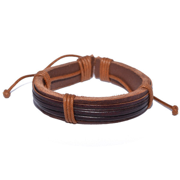 Stylish Men's Brown Leather Band and Rope Strand Bracelet