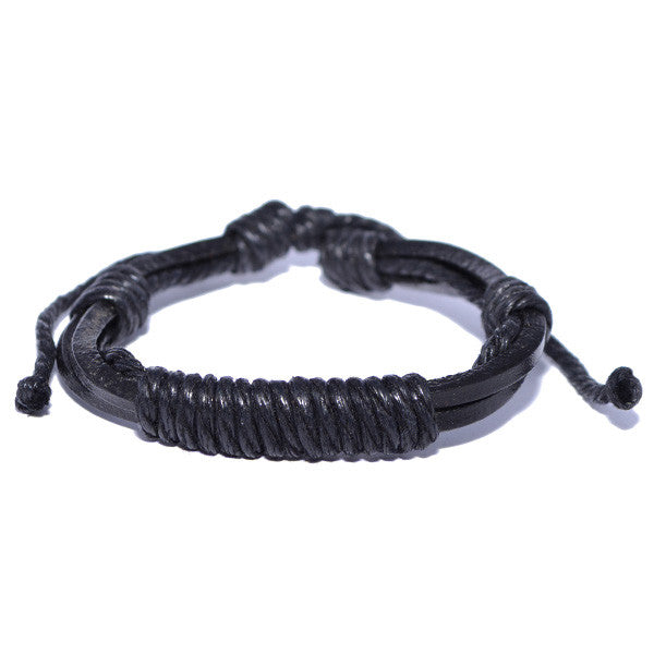 Men's All Black Leather Band and Rope String Bracelet