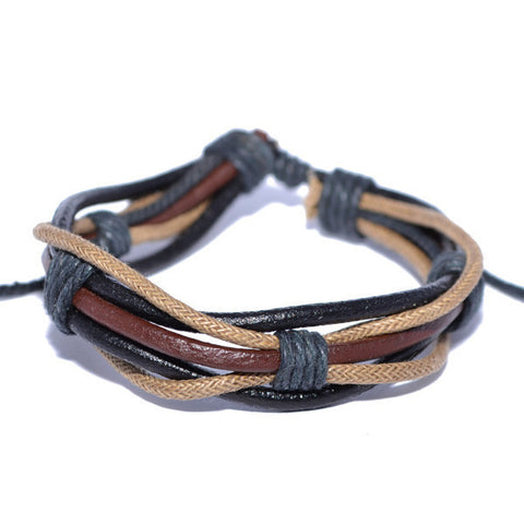 Men's Black and Brown Leather Cord and Rope Strand Bracelet