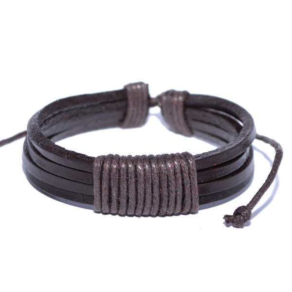 Men's Brown Leather Rope Strand Modern Bracelet