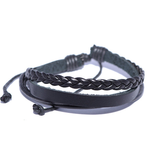 Men's Black Braided Leather Cord Bracelet