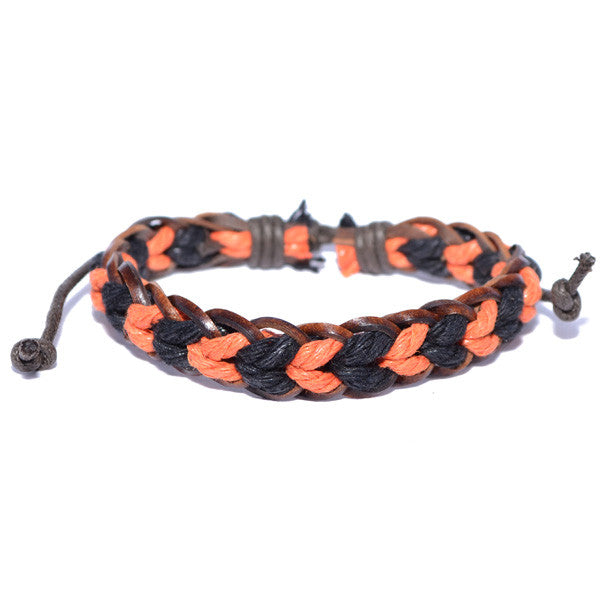 Men's Braided Leather Black and Orange Rope Bracelet Surfer Wristband