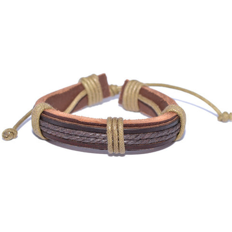 Men's Brown Leather Rope Strand Cuff Bracelet Wristband