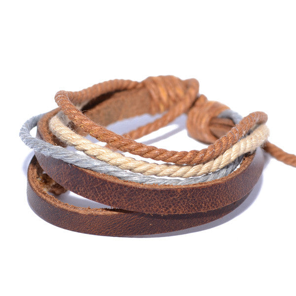 Men's Brown Leather Band Rope String Wristband Bracelet