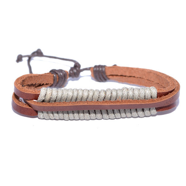 Men's Brown Leather Rope String Surfer Wristband Bracelet