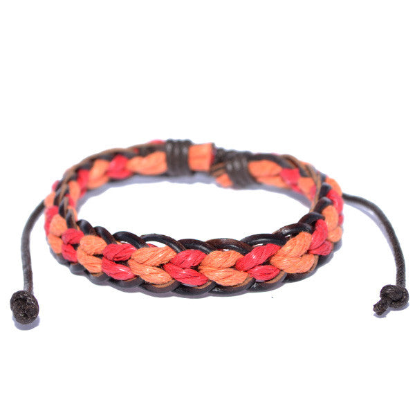 Men's Braided Leather Red and Orange Rope Strand Surfer Wristband Bracelet