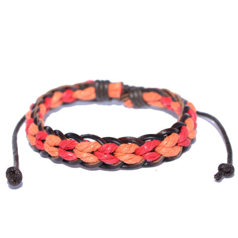 Men's Braided Leather Red and Orange Rope Strand Surfer Wristband Bracelet