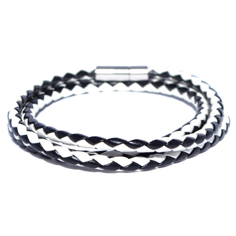 Men's Black and White Braided Leather Bracelet