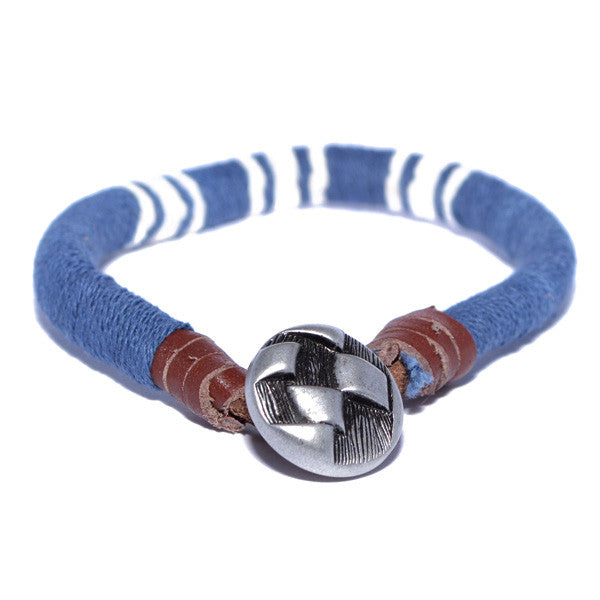 Men's Blue and White Threaded Leather Wristband Bracelet