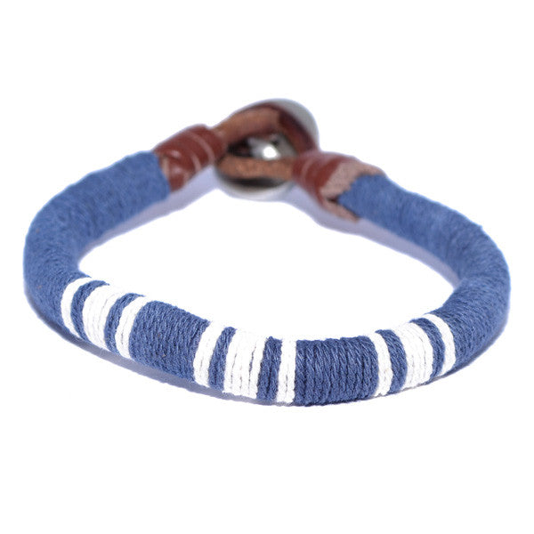 Men's Blue and White Threaded Leather Wristband Bracelet