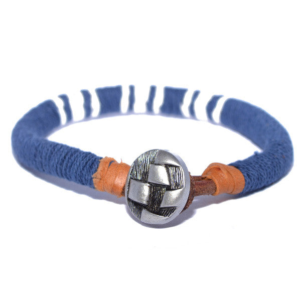 Men's Blue and White Threaded Leather Bracelet