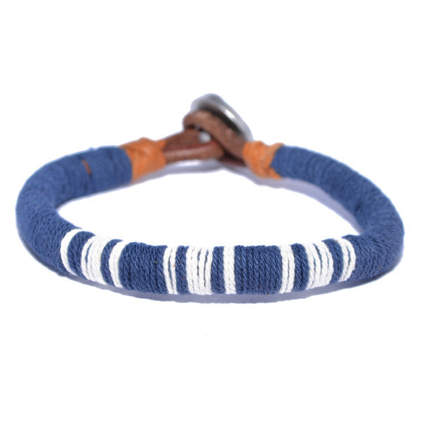 Men's Blue and White Threaded Leather Bracelet