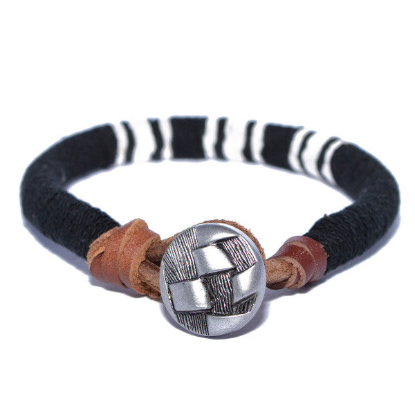 Men's Black and White Threaded Leather Bracelet
