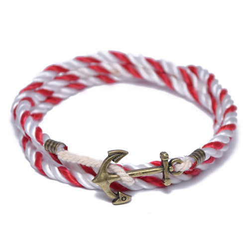 Red and White Nautical Anchor Wrap Bracelet