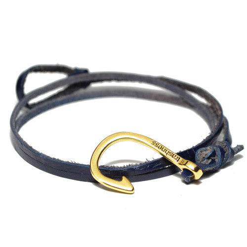 Men's Blue Leather Wrap Hook Bracelet
