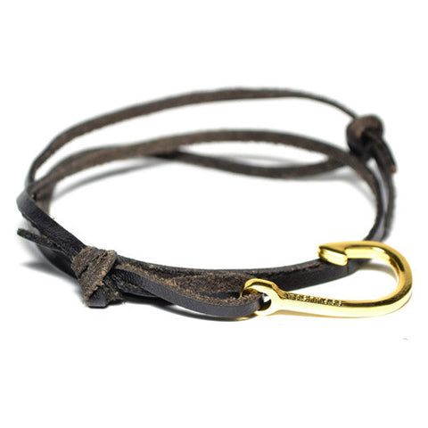 Men's Black Leather Wrap Hook Bracelet