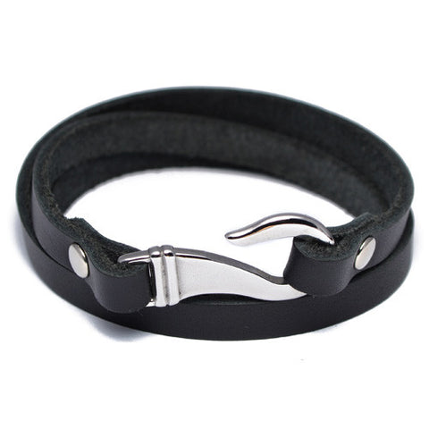 Men's Black Leather Hook Wrap Bracelet