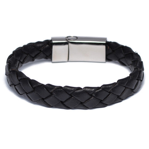Men's Wide Braided Black Leather Bracelet