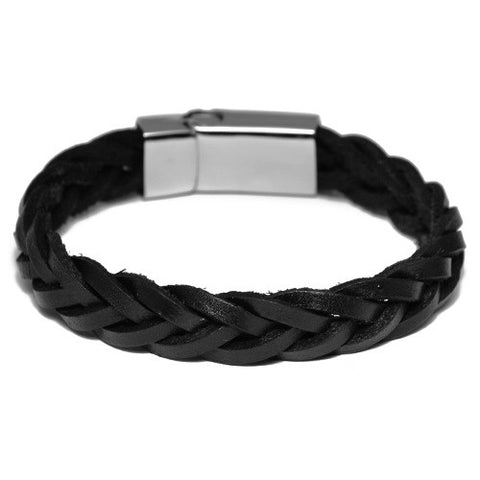 Wide Braided Black Leather Bracelet for Men
