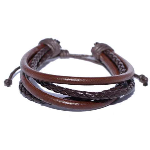 Brown Braided Leather and Leather Cord Mutli-strand Bracelet