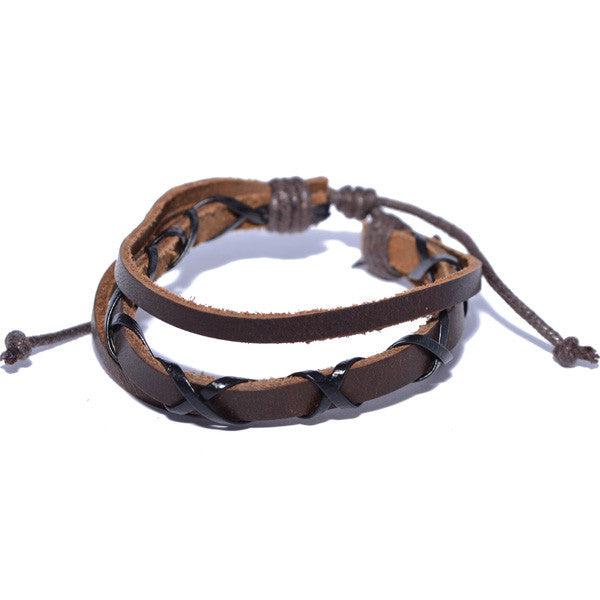 Men's Brown Leather Adjustable Multi Strand Bracelet