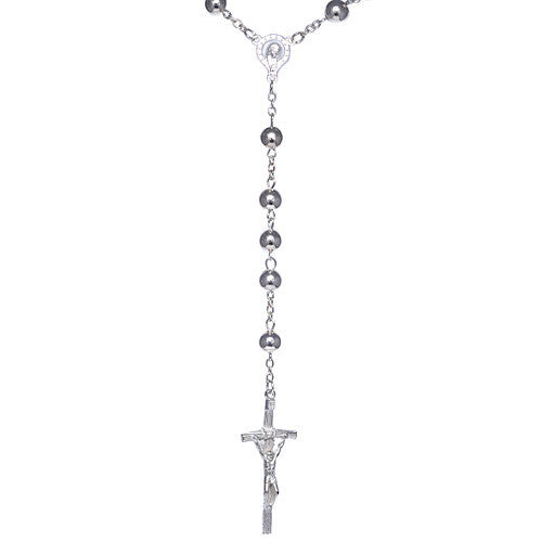 Men's Silver Tone Bead Rosary Necklace