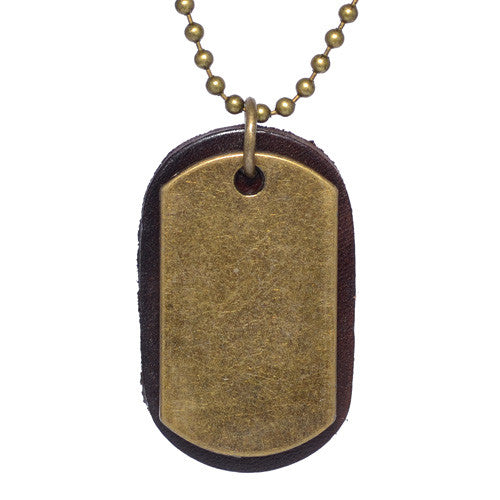 Brass Dog Tag Brown Leather Necklace