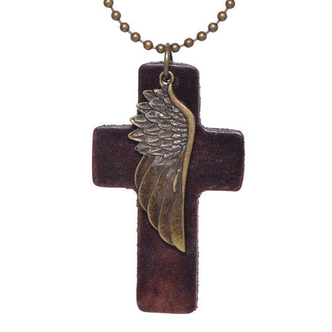 Men's Brass Wing Brown Leather Necklace