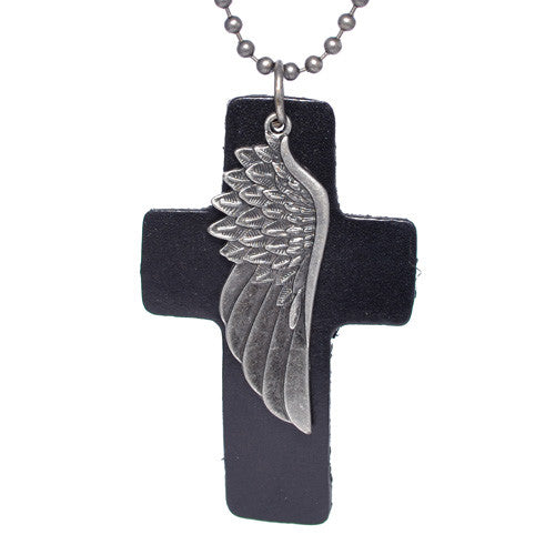 Men's Brass Wing Black Leather Necklace
