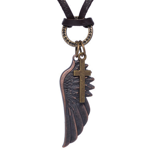 Brass Wing and Cross Leather Necklace