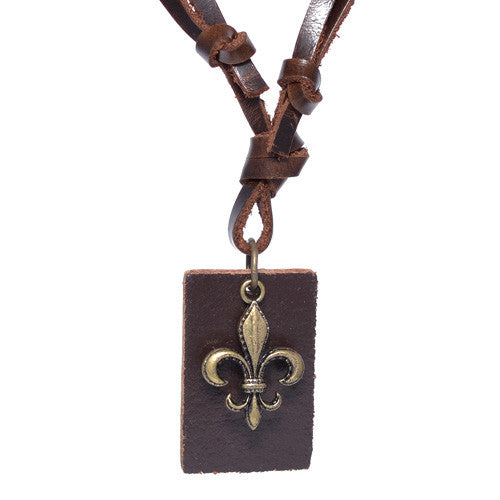 Men's Fleur-De-Lis Brown Leather Necklace