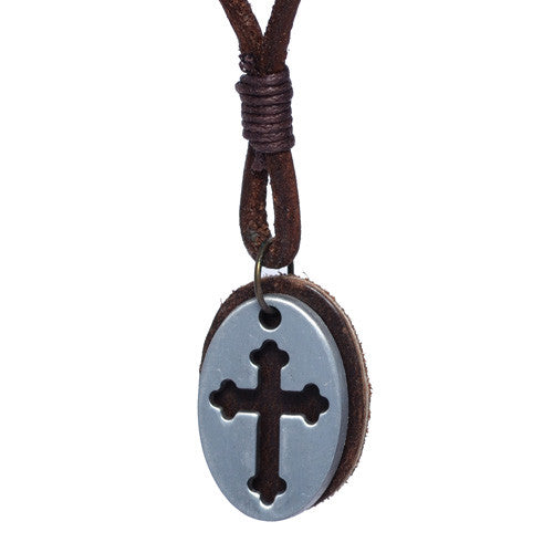 Brass Cross Tag Leather Necklace