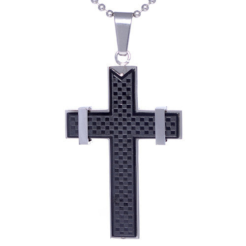 Two-Tone Stainless Steel Checkered Cross Pendant