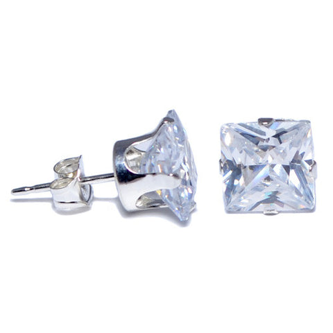 Sterling Silver Clear CZ  Square Stud Earrings