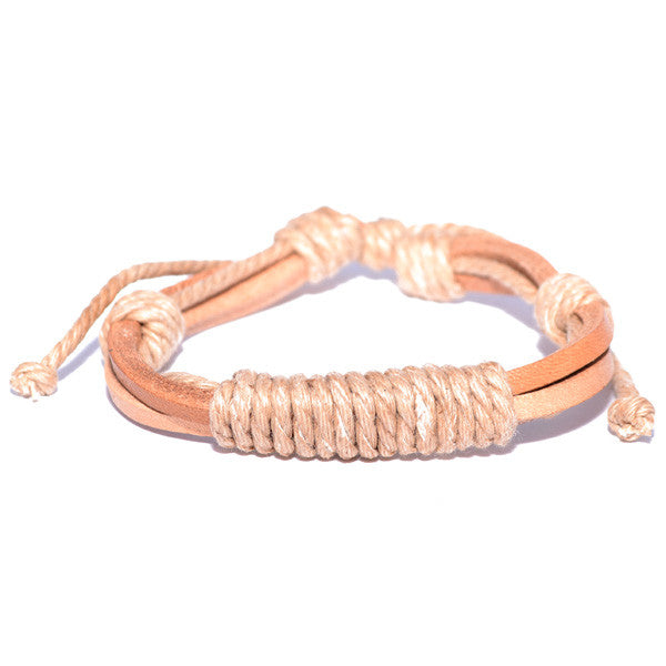 Men's Tan Leather Bracelet Wrapped in Rope Strands